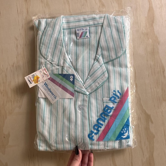 Woolworths Other - Vintage Woolworth Pajama Set Women Medium Green Stripe Flannel 2 Piece Sleepwear